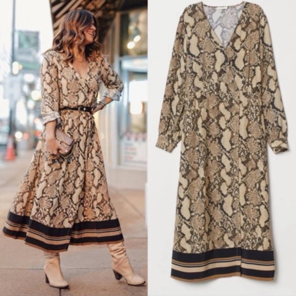 H&M Womens Dress Size 2 Brown Python Print Lightweight V Neck Flowy Modern maxi